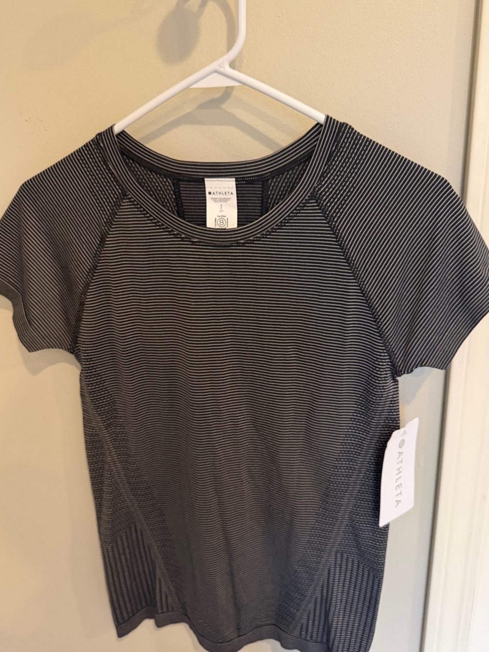 Athleta Black and White Micro-Stripe Short Sleeve Tee